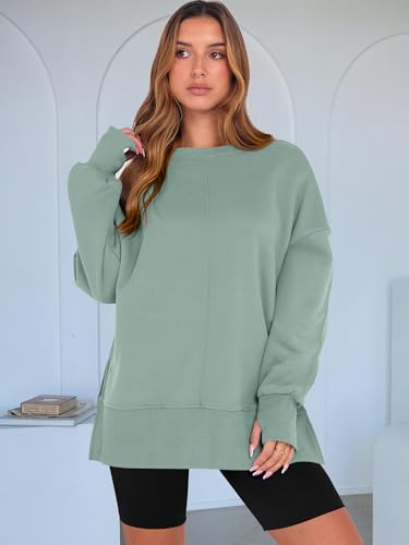 Oversized Fleece Lined Sweatshirt with Thumbhole - Medium Sage Green