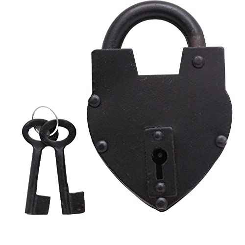 Vintage Style Lock/Antique Reproduction Heart Padlock with Two Skelton Keys/Black Powder Coted Hand Forged Padlock for Old Trunk, Wine Rack, Shade, Barn, Gate