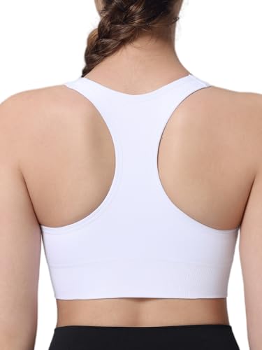 BYAWAY Medium White Ruched Sports Bra for Women - Racerback V-Neck Padded Seamless Longline