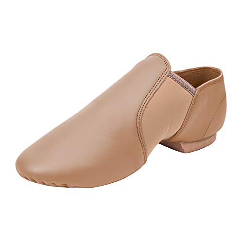 Stelle Girls Jazz Shoes - Genuine Leather Slip-On Dance Shoes, Tan, 4 Big Kid