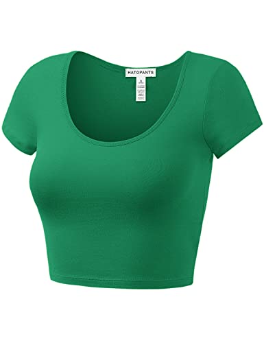 Cotton Crop Top for Women - Short Sleeve Scoop Neck - Small Kelly Green