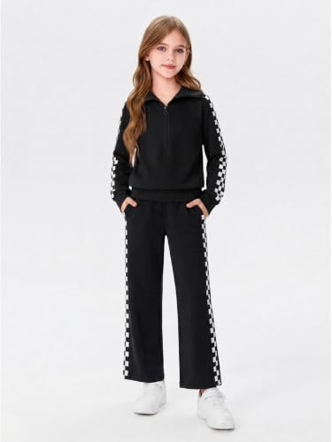 Girls Sweatsuit 2-Piece Zip Long Sleeve Outfit - Checked Black, Age 7-8