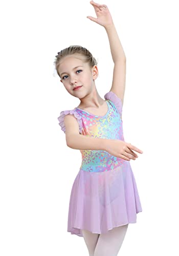Ruffle Sleeve Tutu Leotard Dress for Girls - Leopard-Purple, 5-6 Years