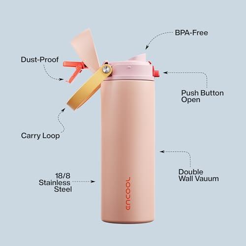 ENCOOL 24 oz Insulated Stainless Steel Water Bottle with Straw & Leak-Proof Lid - Pink Daisy-Red