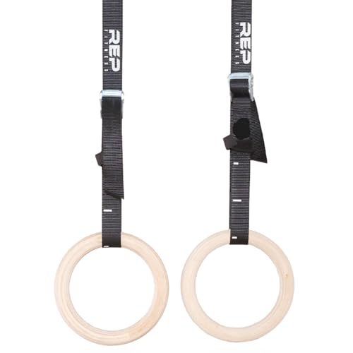 REP Fitness Wooden Gymnastic Rings with 1.11 Inch Diameter and 7.5 Foot Adjustable Straps - Heavy Duty Cross-Training Equipment