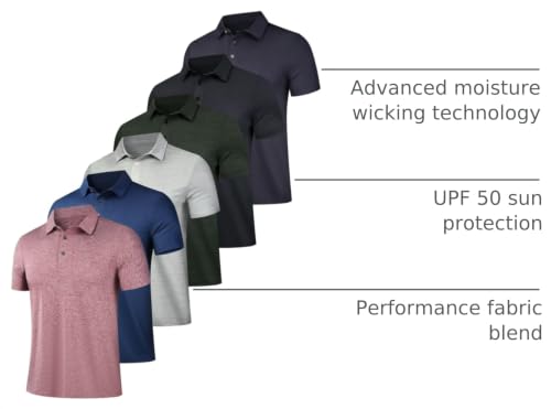Men's Polo Shirts 6 Pack - Short Sleeve Collared Golf Polos, X-Large, Green/Black/Gray/Red