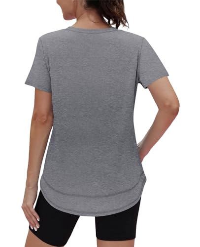 Womens Short Sleeve Workout Top - Sun Protection UPF 50+ - Grey, X-Large