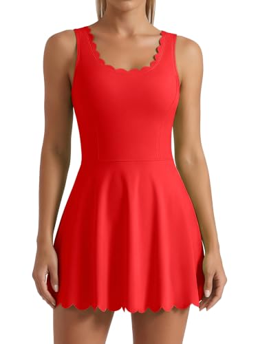 ATTRACO Women’s Tennis Dress with Shorts - Scalloped Design, Red Medium