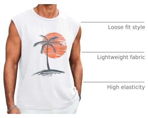 Runcati Men's White XL Hawaiian Beach Tank Top - Summer Graphic Sleeveless Shirt