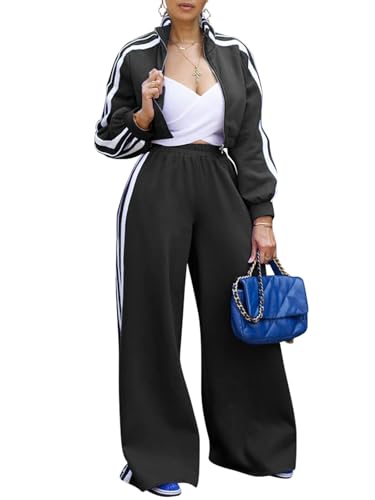 Akmipoem Women's 2-Piece Striped Tracksuit Set - Large Black Sweat Suit