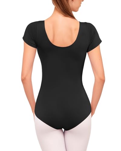 Women's Short Sleeve Ballet Leotard - Black, Scoop Neck Bodysuit