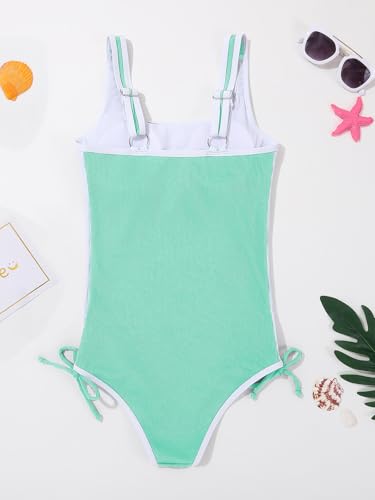 Girls Ribbed One-Piece Swimsuit - Adjustable Athletic Swimwear, Light Green