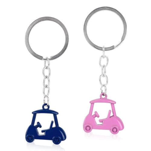 Golf Cart Keychain Set - Zinc Alloy Golf Gift for Men & Women - Blue, Pink