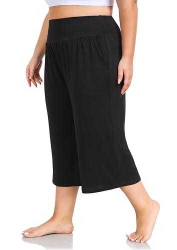 ZERDOCEAN Women's Plus Size High Waist Wide Leg Yoga Capris with Pockets - Black 3X