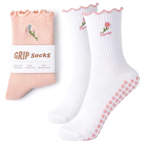 Non-Slip Pilates Grip Socks for Women - 2-Pack White Powder Flower & Pink Flower