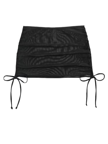Women's Mesh Sheer Drawstring Summer Bikini Cover Up Skirt - Small Black