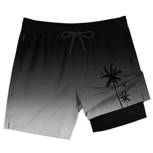 Large Black Grey 7 Inch Men Swim Trunks with Compression Liner & Zipper Pockets - Bathing Suit