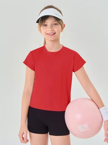 Girls Loose Athletic Crop Tops - Short Sleeve, 7-8 Years, Red