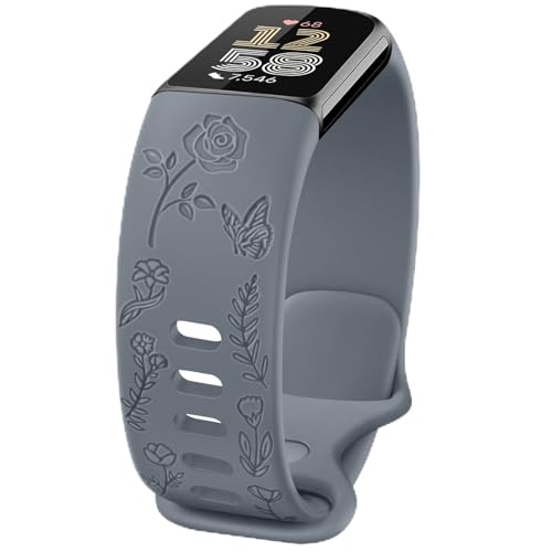 Floral Engraved Fitness Tracker Band for Charge 6/5 - Blue Gray