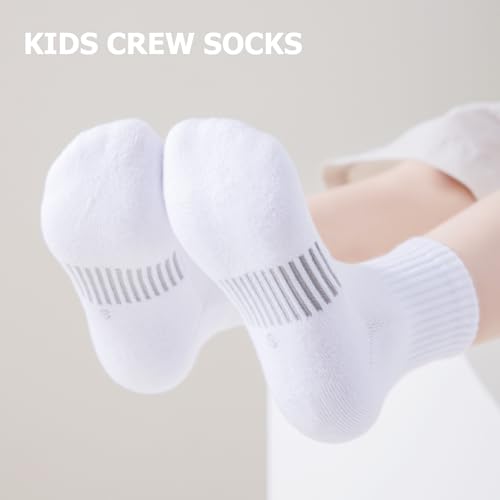 Boys Athletic Socks - Half Cushion Crew Cotton Socks for Kids, 7-10 Years - White, 4 Pack
