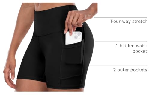 High Waisted Biker Yoga Shorts with Pocket - 5 Inch, Medium, Black