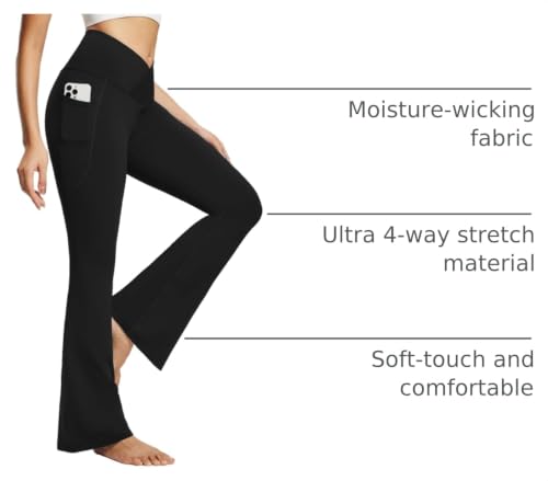 Baleaf Women's V Crossover Flare Leggings with Pockets, 29" Inseam, Medium Black, High Waist Yoga Pants