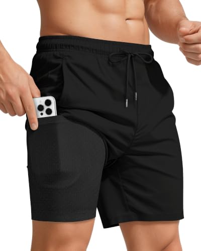 Yufawow Men's 7-Inch Black Swim Trunks with Compression & Breathable Liner - Quick Dry Beach & Gym Wear, Large