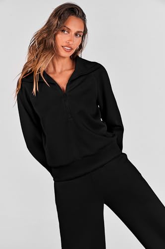 Women's 2 Piece Matching Lounge Set - Zip Up Sweatshirt, Wide Leg Pants - Medium Black