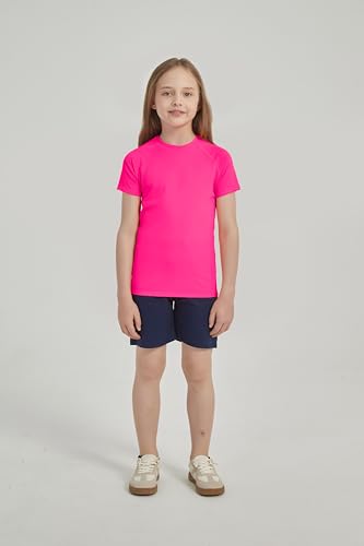 Neon Swim Shirt for Kids - Short Sleeve Rash Guard UPF 50+ - 7-8 Years / Hot Pink