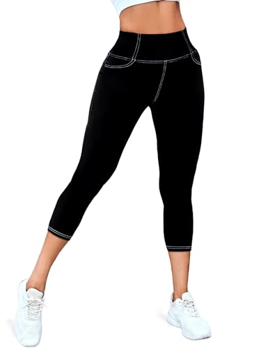 VOOVEEYA Women's High-Waisted Curvy Yoga Leggings with Back Pockets - Capri-19 Inseam, Large, Black