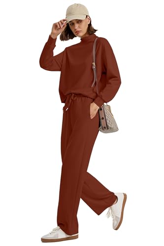 WIHOLL Two-Piece Lounge Set for Women, Caramel – Mock Neck Top & Wide-Leg Pants