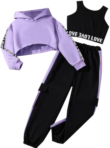 Hilinker Girls 3-Piece Outfit Set: Crop Hoodie, Tank & Sweatpants | Purple-Black, 11-12Y