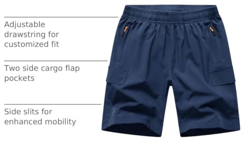 HONCAN Boys Cargo Shorts - Outdoor Quick-Dry Hiking Shorts (Blue, 7-8) with Zipper Pockets