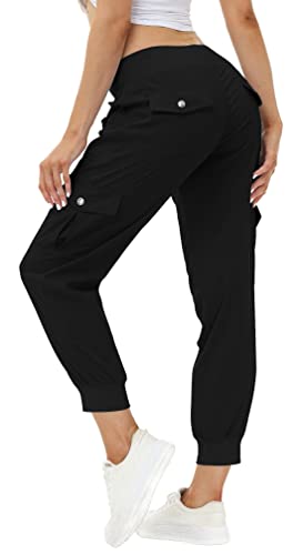 Lightweight Women's Hiking Cargo Pants - Quick Dry, Elastic Waist, Medium Black