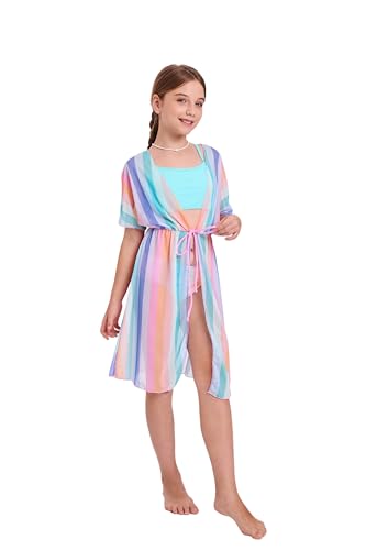Girls 3-Piece Striped Multicolored Bikini Set with Cover Up - Ages 6-14