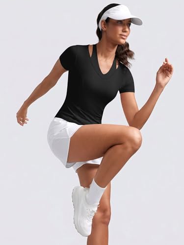V Neck Slim Fit Workout Tops for Women - Black, Medium