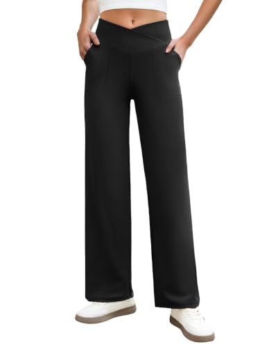 COPYLEAF Wide Leg Yoga Pants Women Black Large with Pockets, Loose & Stretchy for Lounge & Work