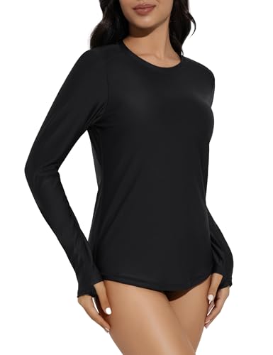 Long Sleeve Rash Guard Swim Shirt - UPF 50+ UV Protection - Black, Large