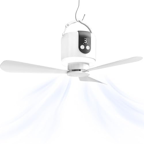 Geonfi 18” Camping Ceiling Fan with Light & Remote, 15600mAh Battery, Hangable Tent Fan, White - 45.72cm