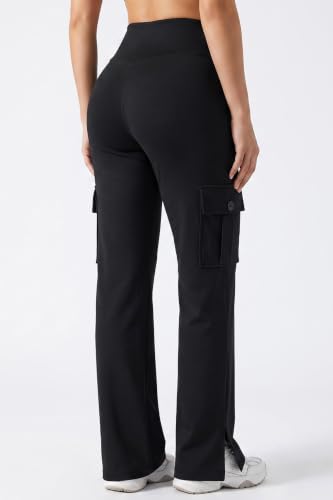 YepMoll Women's Medium Black Cargo Yoga Pants with Multi Pockets & Slit - Casual Trousers