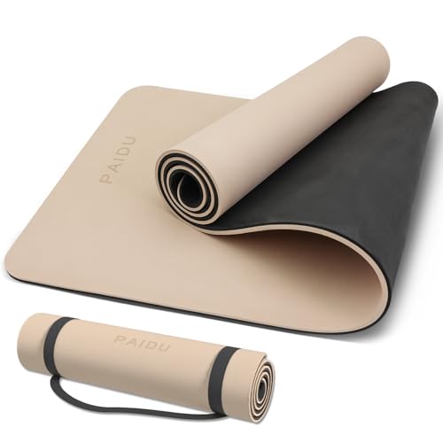 Extra Thick Yoga Mat 10mm - Non-Slip Fitness Mat with Carry Strap - Beige & Black - 72"x24"