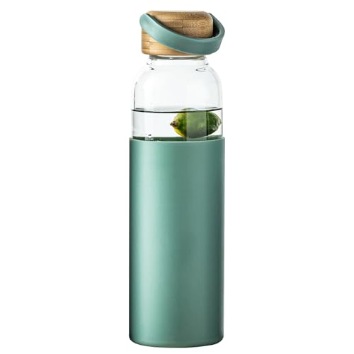 Green 21oz Borosilicate Glass Water Bottle with Silicone Non-Slip Sleeve & Leak-Proof Lid
