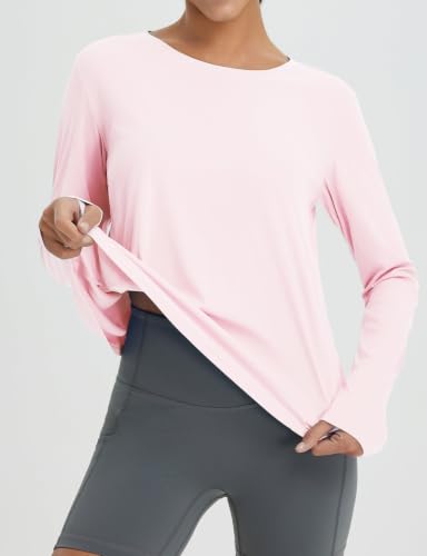 Baleaf Women's Light Pink Long Sleeve Workout Top - Quick Dry & Split Back, Medium