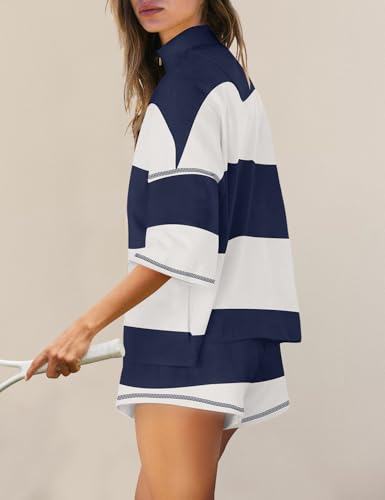 Women's Striped Workout Set - 2 Piece Summer Activewear, Navy White, Medium