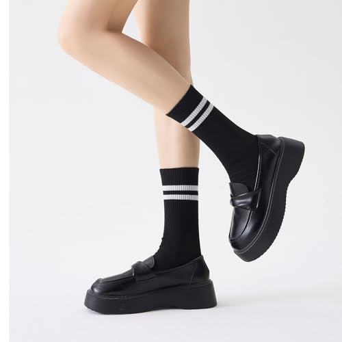 Womens Athletic Striped Crew Socks - 4 Pairs White, Black, Grey, Khaki