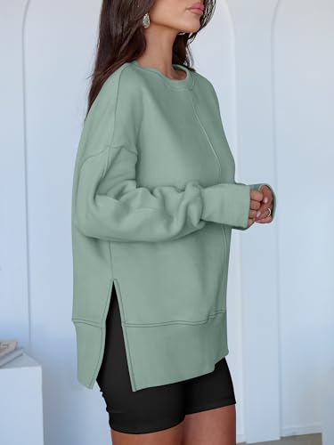 Oversized Fleece Lined Sweatshirt with Thumbhole - Medium Sage Green