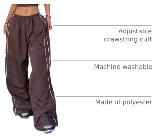 Women's Parachute Pants Wide Leg Baggy Joggers - Y2K Elastic Waist Streetwear - Medium Coffee