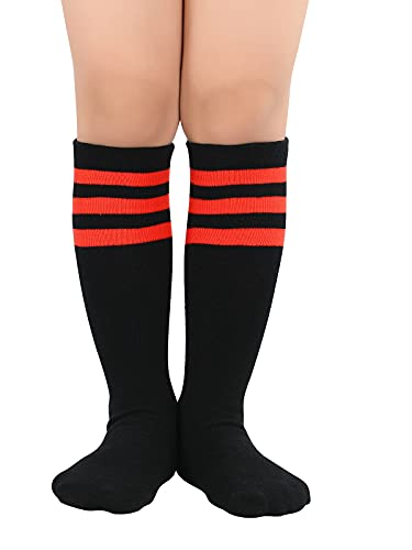 Kids Knee High Soccer Socks - Cotton Athletic Tube Socks - Black Red, 3-6Y