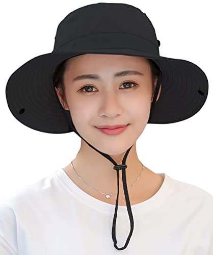 Women's Foldable Beach Bucket Hat with Ponytail Hole - Medium Black
