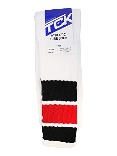 Retro Tube Socks with Stripes - Large Black/Scarlet, 70's 80's Style